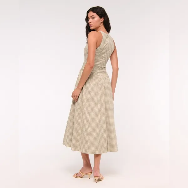 Abercrombie & Fitch Light Brown Check High Neck Drop Waist Sleeveless Midi Dress - Image 4