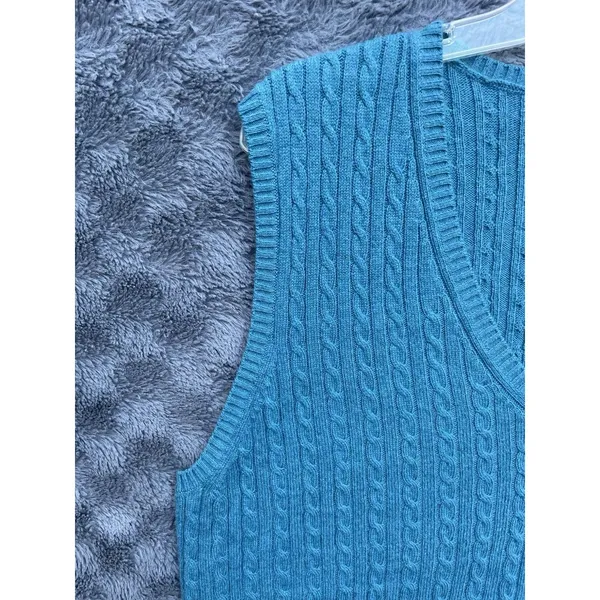 VTG LL Bean Cable Sweater Vest L-REG Wool/Cashmere Cable Knit Teal Green Preppy - Image 7