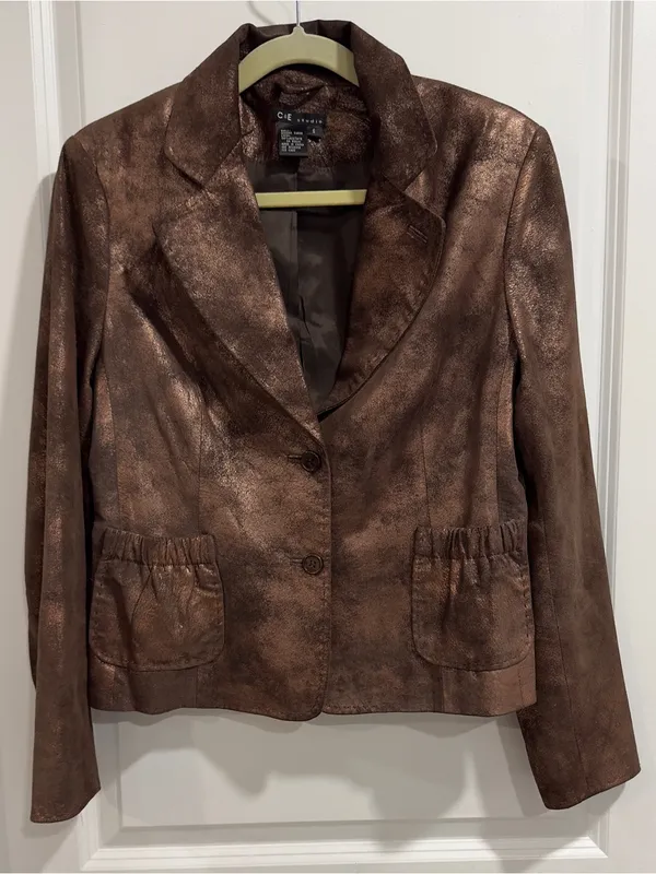 C&E Studio Metallic Bronze Genuine Suede Leather Blazer Jacket 6 - Image 2