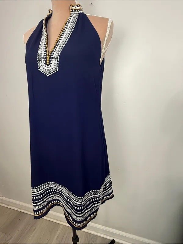 THML Navy Dress with White Embroidered Trim - Image 3