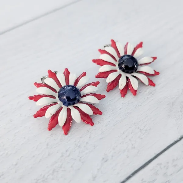 Vintage Clip On Earrings Red, White, Blue Statement Flower - Image 3