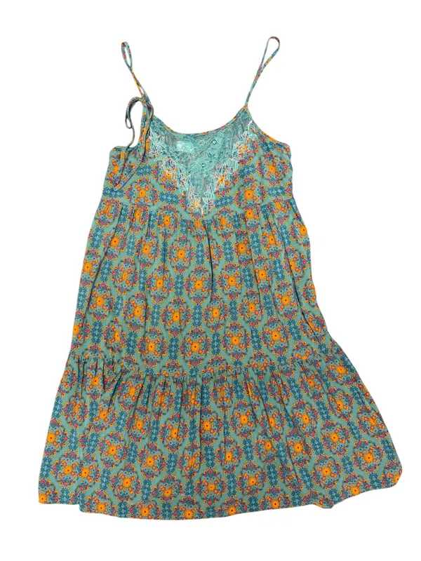 Natural Life Sleeveless Lace Inset Tiered Mini Dress Floral Teal Orange Medium - Image 4
