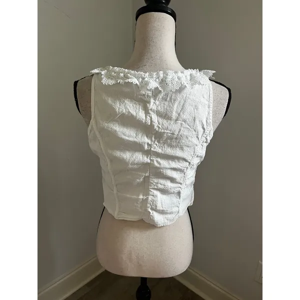 White Lace Trim Sleeveless Top Medium Cottagecore Coquette Boho Chic Milkmaid - Image 4