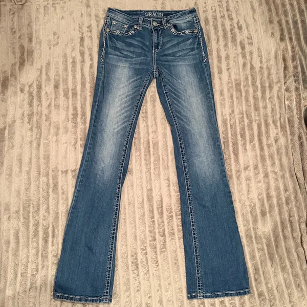 Grace in‎ LA Women Bootcut Jeans Blue Embroidered Rhinestone Wing Pocket Size 26 - Image 2