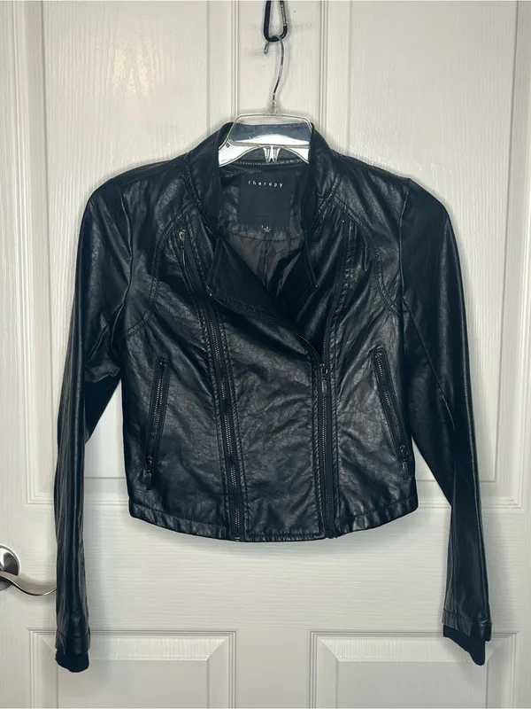 Therapy Black Faux Leather Moto Jacket Sz S Zippers - Image 2