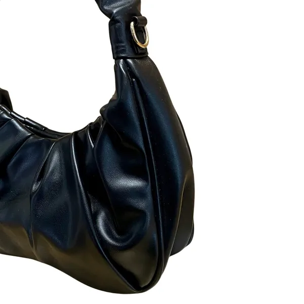 Petite Simone Black Pleated Faux Leather Vegan Tote Hobo Crescent Handbag OS - Image 4