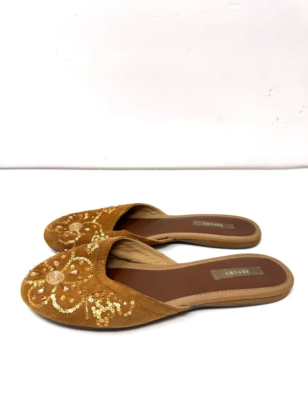 REPORT brown fabric/sequins/beading slides, unmarked size 9 - Image 5
