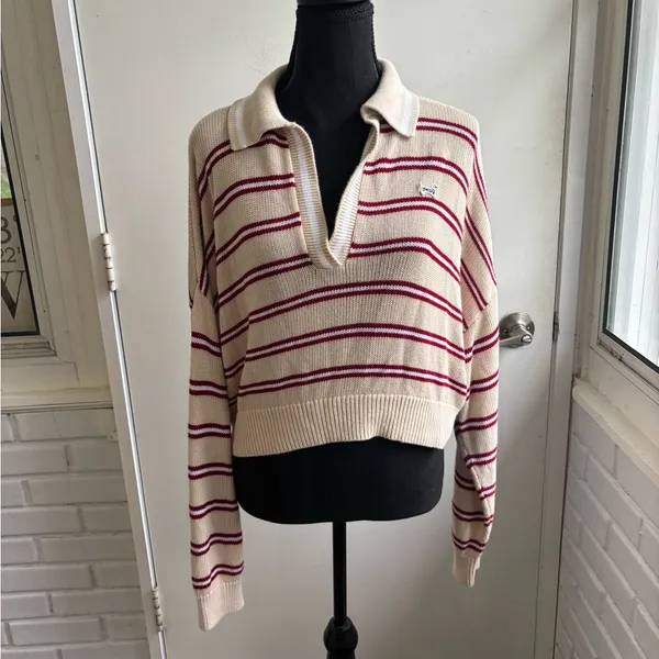Pink Cambridge Knit Polo Oversized Cropped Sweater large‎ preppy coastal resort - Image 2
