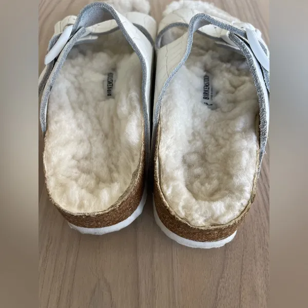 Birkenstock White Shearling-Lined Slide Sandals - Image 8