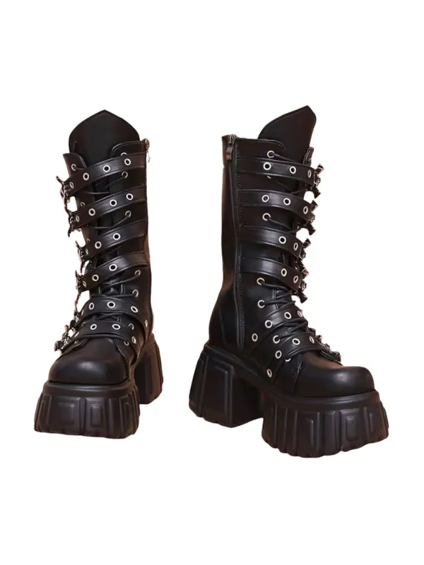 Gothic Punk Black Platform Goth Boots with Bat Buckles Size 9 - Image 9