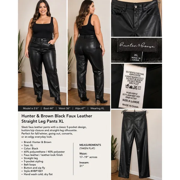Title: Hunter & Brown Black Faux Leather Straight Leg Pants XL - Image 2
