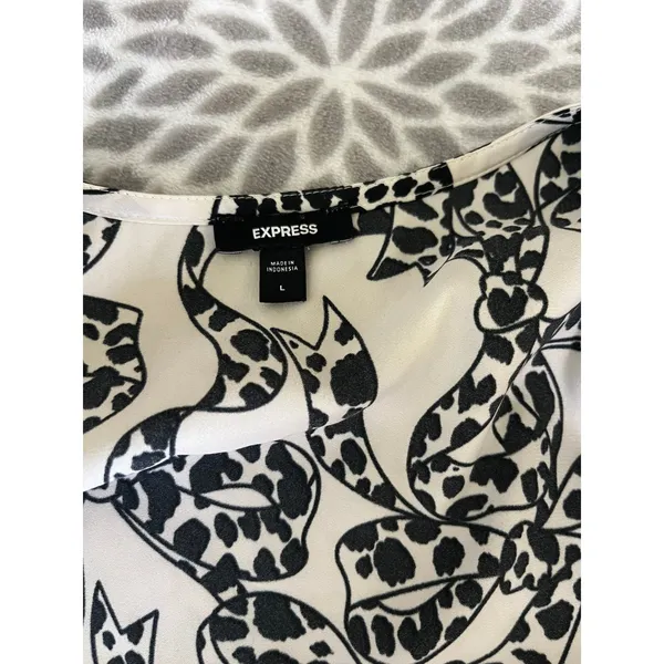 Express Leopard Bow Print Blouse Large Black White Modern Chic Office Peplum Top - Image 2