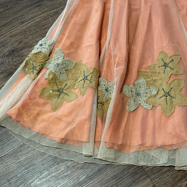 Citrine Midi Skirt Mesh Overlay Burlap-Like Leaf Applique Blue Beads Sequins 14 - Image 4