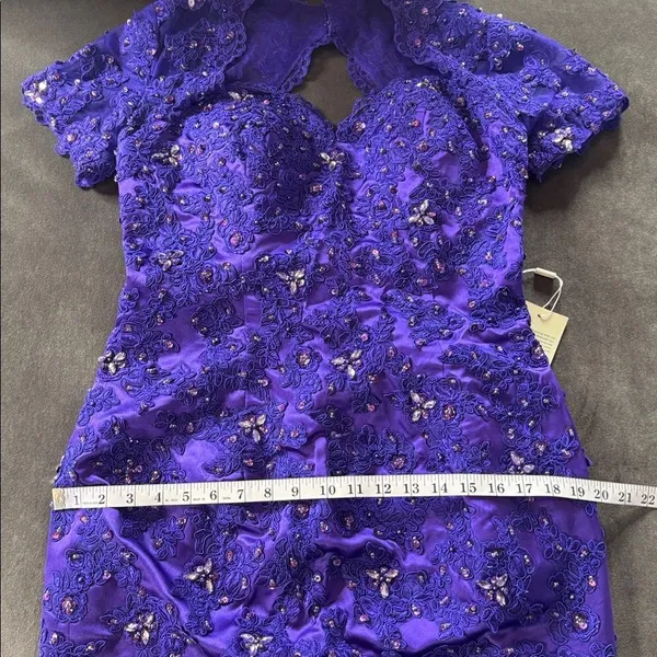 Women’s Purple Short Sleeve Formal Dress Lace Appliqué Zip Up Back Size 8 NWT - Image 9