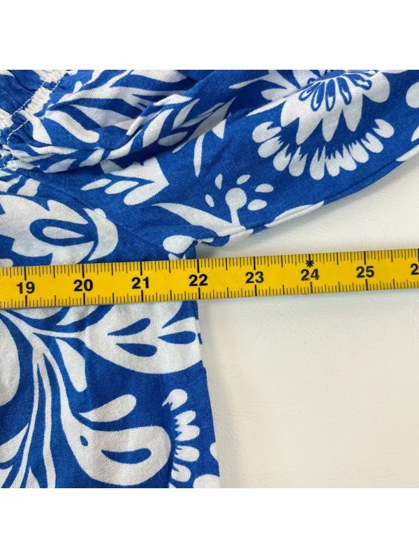 NWOT John Mark Linen Blend Floral Smocked Sleeves Top Blouse Shirt Blue Size M - Image 12