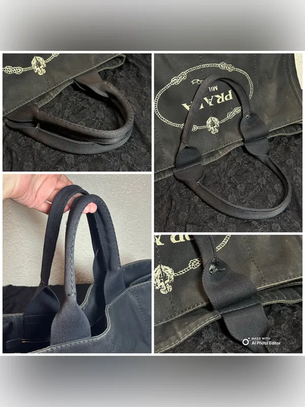 Prada Canapa Large GM Black Denim Canvas Tote Bag Distressed Vintage Italy - Image 9