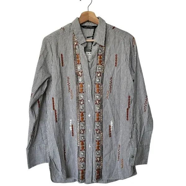 NWT Zara Collection Button down Shirt S Striped Embroidered Embellished cotton - Image 2