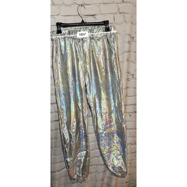 Women's Shiny Metallic High Waist Stretchy Jogger Pants Iridescent Silver XL - Image 6