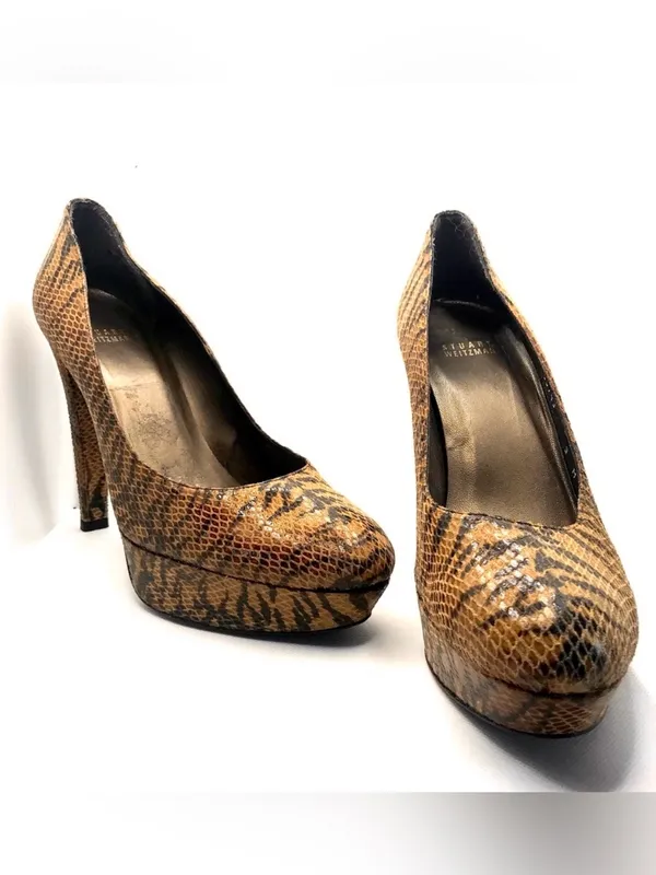 Stuart Weitzman Brown & Black Leather Animal Print Snakeskin Embossed Heels (9) - Image 8