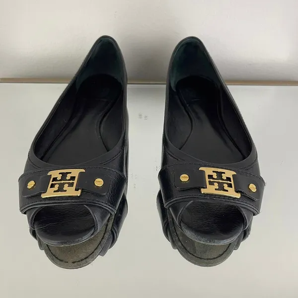 Black Leather Clines Peep-Toe Ballerina Flats - Image 6