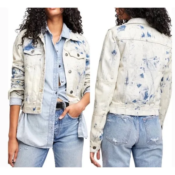 Free People Distressed Bleached Denim Trucker Jacket Womens Size Small‎ - Image 7