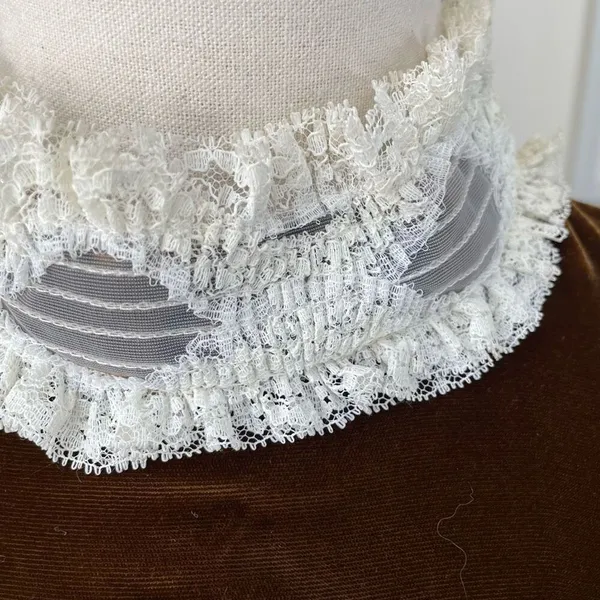 Vintage 70s Brown Velvet Maxi Dress Lace Collar Cuff XS - Image 6