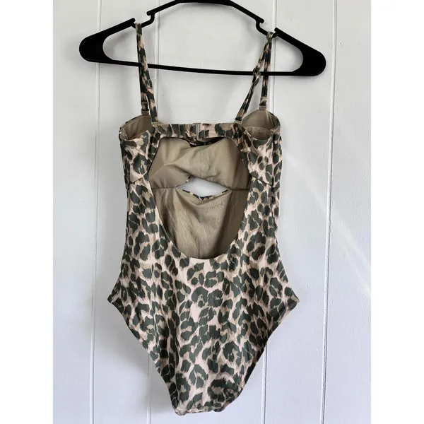 Aerie‎ Women XS Leopard Print Cutout One Piece Swimsuit Olive Green Open Back - Image 5