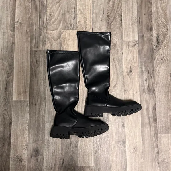 Amazon Black Chunky Vegan Leather knee high boots - Image 2