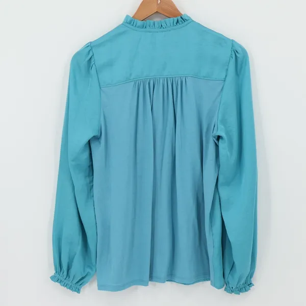 LOFT Ruffle Neck Tie Front Blouse Top Womens Size S Blue Teal Ruffle Renaissance - Image 5