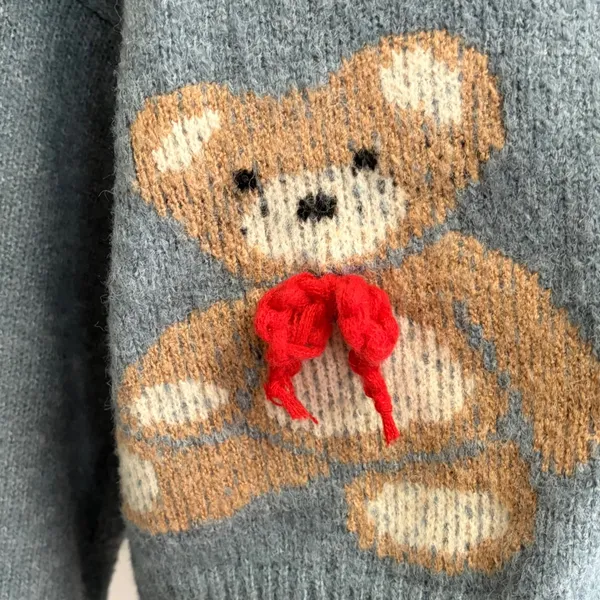 Luna Ivy Cardigan Sweater M Blue Teddy Bear 3D Bow Button Front K5397 - Image 3