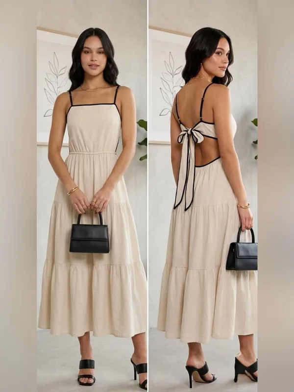 Blu Pepper Hazel Khaki Midi Dress NWT Boho Tiered Open Back Tie Cream Large - Image 2