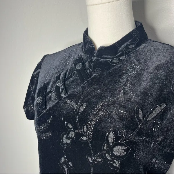 NEW Vintage Dressbarn Beaded Floral Velvet Qipao Cheongsam Maxi Dress Deadstock - Image 4