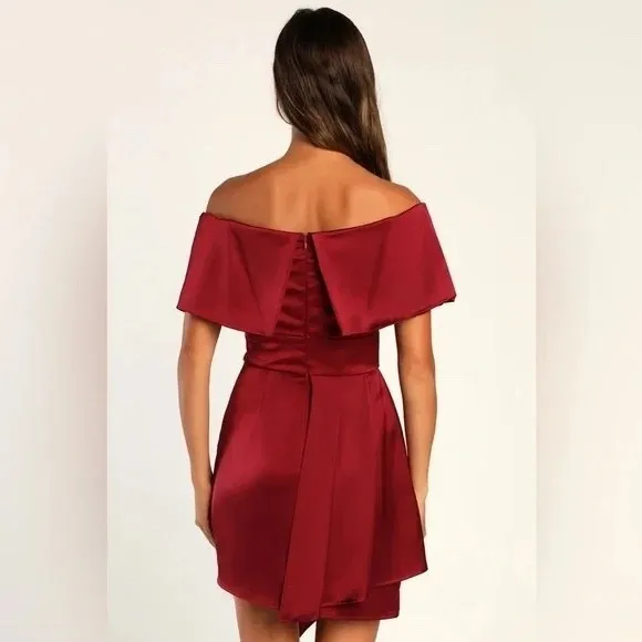 Lulus Always Celebrating Burgundy Satin Off-The-Shoulder Mini Dress Size M - Image 8