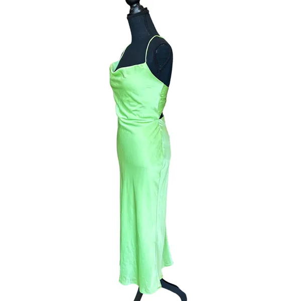 Mermaid Green Satin Midi Slip Dress Size 8 Cowl Lace Up Cocktail Bias Cut Party - Image 2
