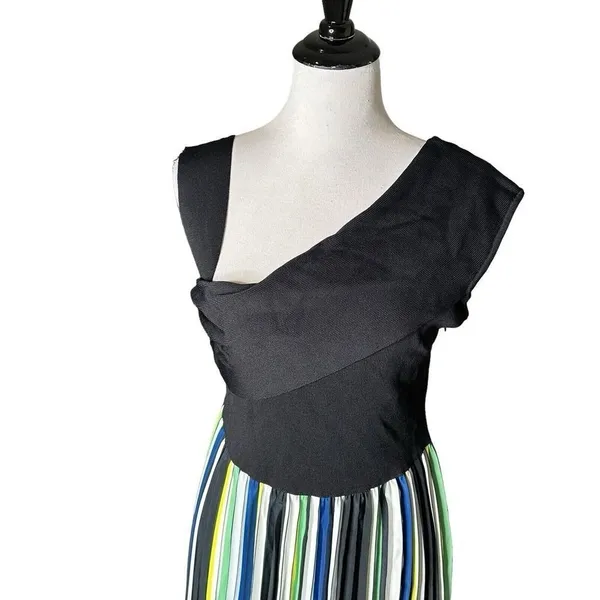 Sachin & Babi Knit Multi Pleat Midi Dress Womens L Black Green Cocktail Flare - Image 9