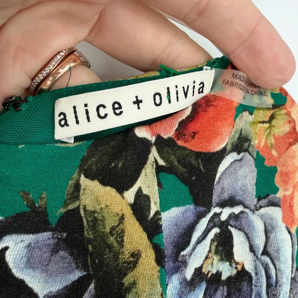 Alice + Olivia Delora Green Floral‎ Midi Dress Size 4 3/4 Sleeve Bodycon - Image 4