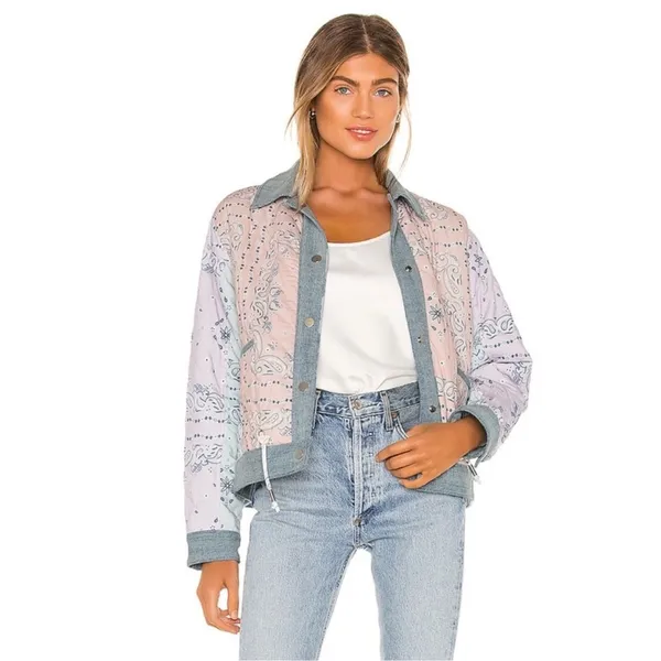 BLANK NYC Reversible Quilted Denim Jacket Large Blue Floral Snap Front Coat - Image 4