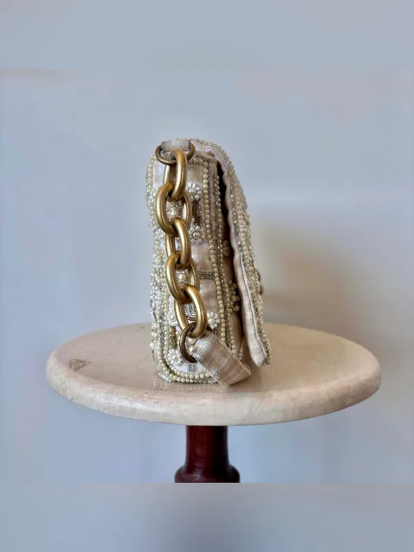 Zara Embellished beaded Cream Pearl-Trim Shoulder Bag - Image 4
