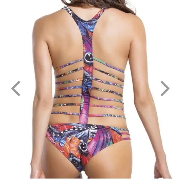 Abstract Plunging Strappy Cheeky Colorful Cutout Bathing Suit - Image 3