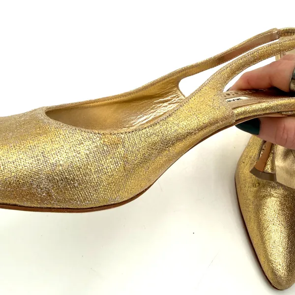 Manolo Blahnik Gold Carolyne Kitten Heel Slingback Pumps Heels Size 36.5 / 6.5 - Image 5