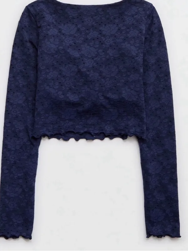 OFFLINE by Aerie Treat Yourself Navy Floral Eyelet Lace Crop Long Sleeve Top M - Image 6