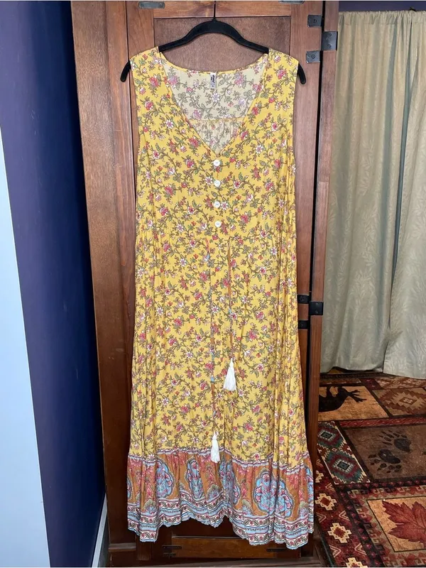 Floral Boho Coastal Western Cottagecore Maxi Dress Sleeveless Tassel ePretty LG - Image 2