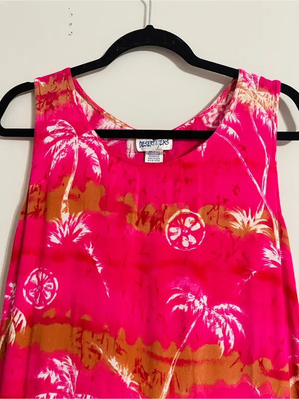 Vtg Desert Jems Hawaiian Boho Maxi Dress Rayon L Tropical 90s Pink Palm Print - Image 3