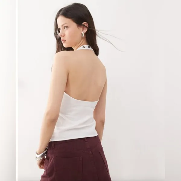 Weekday Halterneck Tank Top Womens Sz Medium‎ White with Silver Eyelet detail - Image 3