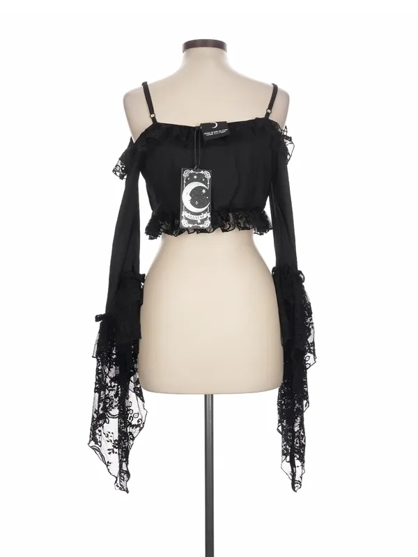 Black Off-Shoulder Lace Crop Top - Women - Image 2
