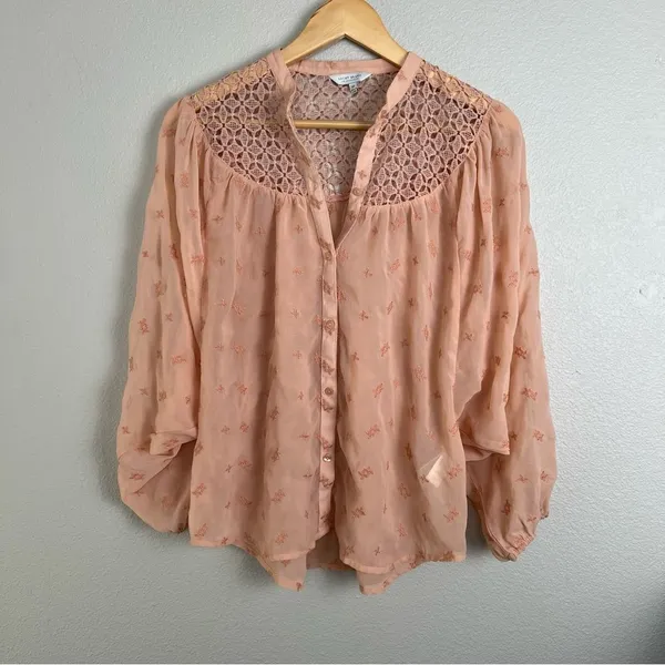 Lucky Brand Button Down Blouse Embroidered Crochet Women's Size XS Pink Peach - Image 2
