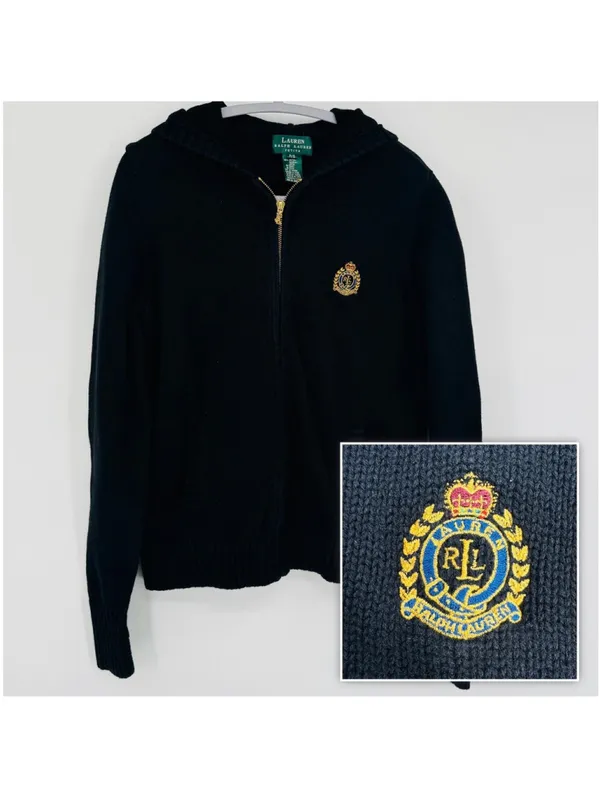 Vintage Lauren Ralph Lauren Black Knit Full Zip Hooded Sweater, Size M - Image 2