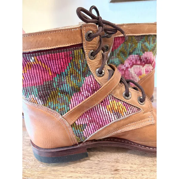 Artisan Handcrafted Leather‎ Huipil Lace Up Buckle Boots Tan Multi Color - Image 3