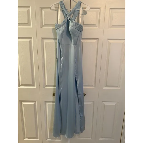 Azazie Rue Sky Blue Mermaid Pleated Metallic Satin Dress A6 Size 6 New with Tags - Image 4
