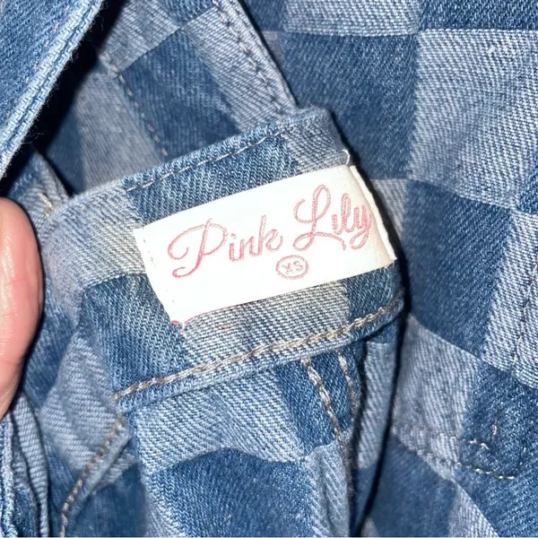Pink Lily Checkered Denim Overalls Women XS Oversized Kidcore Artsy Maximalist - Image 8